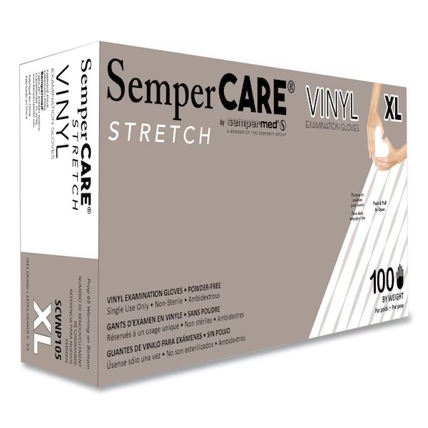 Syn-Stretch, Vinyl Disposable Gloves, Stretch Vinyl, Powder-Free, XL, 100 PK, Cream, Sempercare, Mfr#: SCVNP105